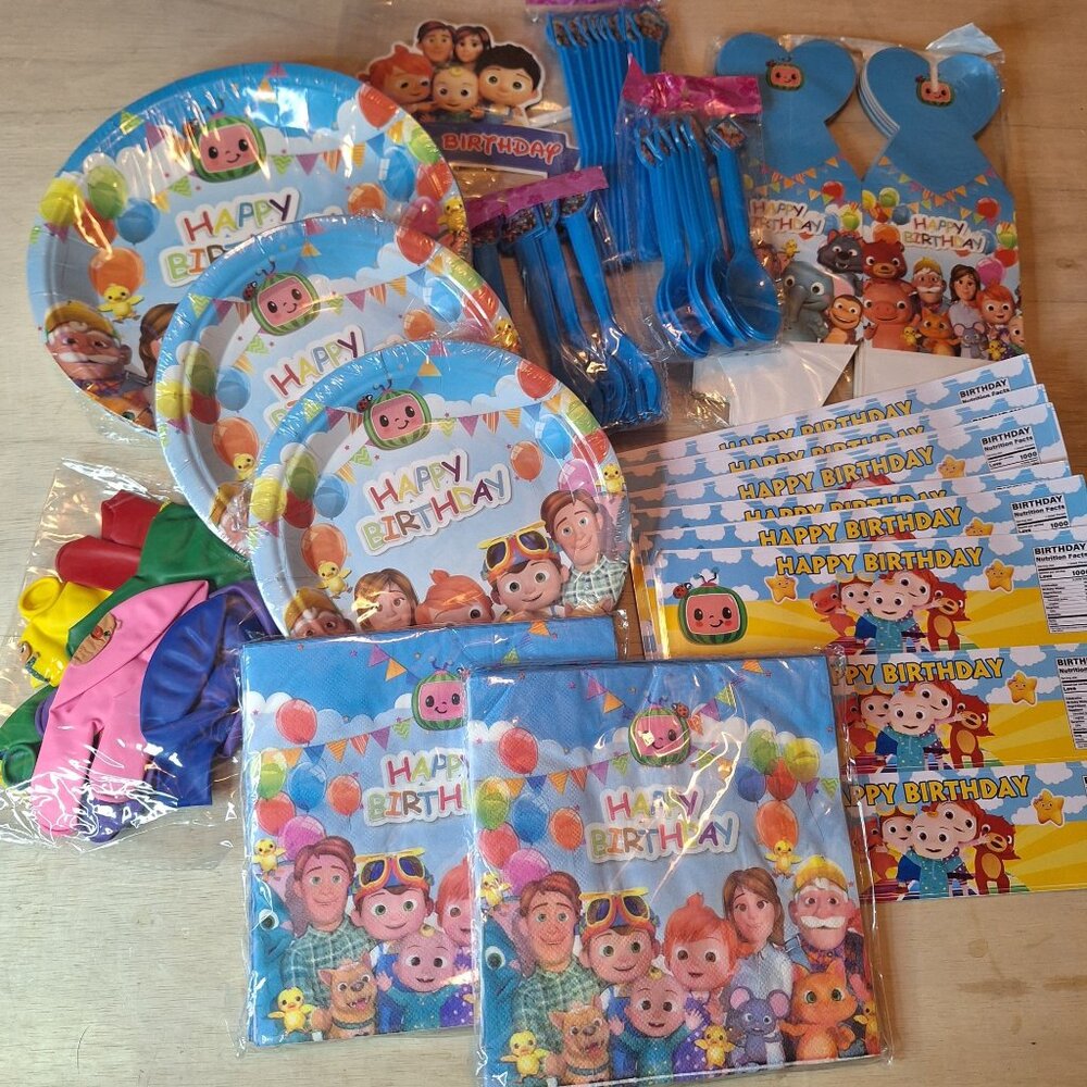 Coco Melon Birthday Party Plate Napkin Balloon Cake Topper Bottle Label Stickers